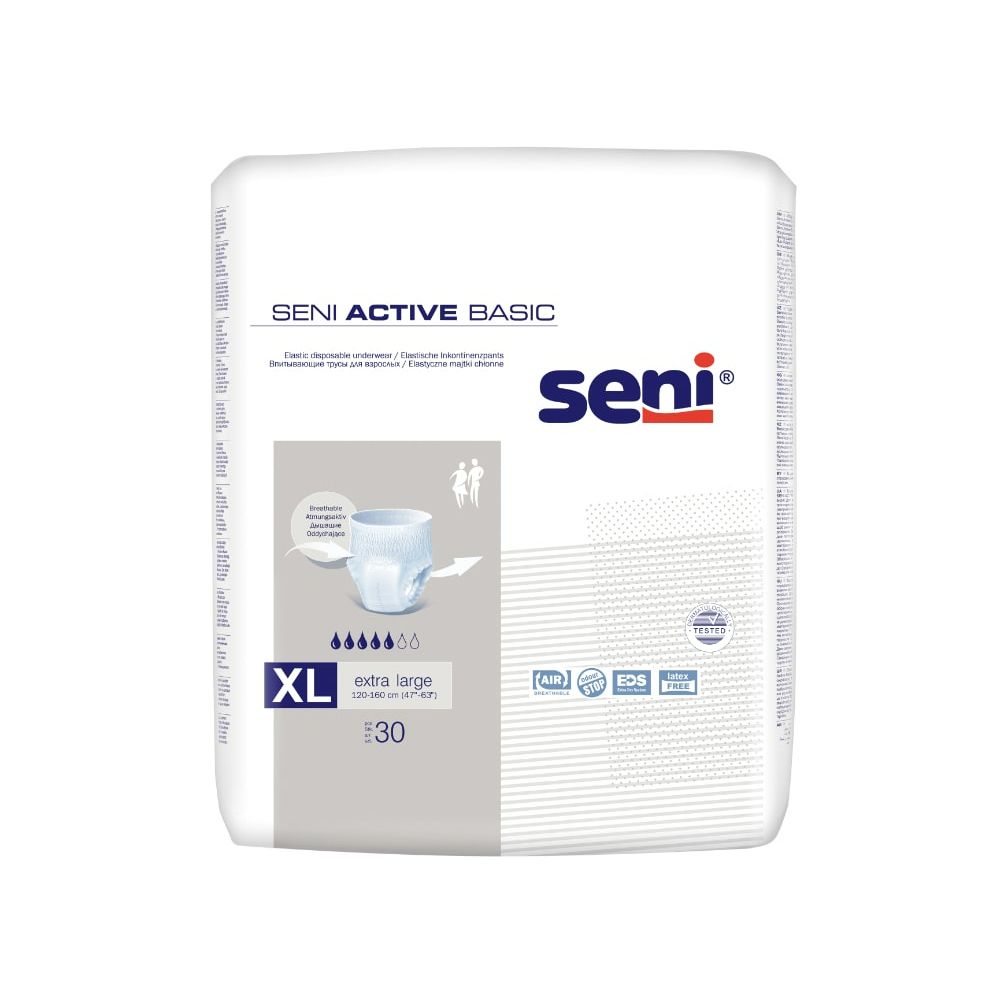 Verpackung Seni Active Basic Inkontinenzpants. XL, extra large, 30 Stück. Mit Produktabbildung und Zertifizierungen.