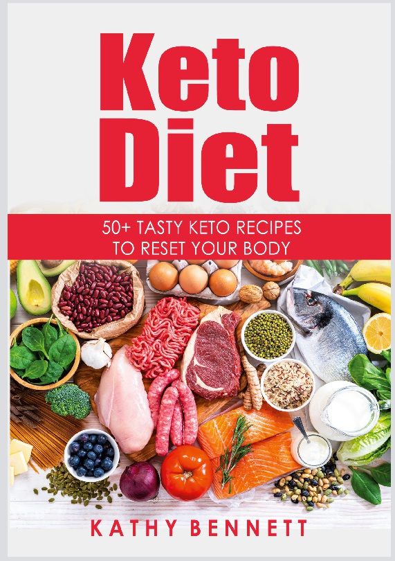 Buchcover mit dem Titel "Keto Diet". Darunter eine Auswahl an Keto-Lebensmitteln. Autor: Kathy Bennett.