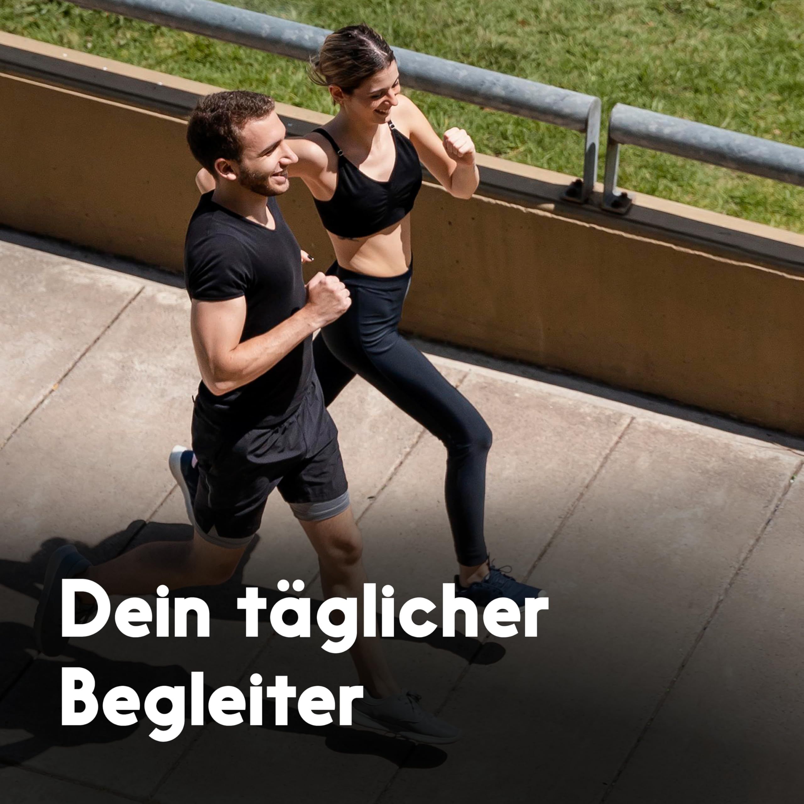 Zwei Personen joggen im Freien. Text: Dein täglicher Begleiter.