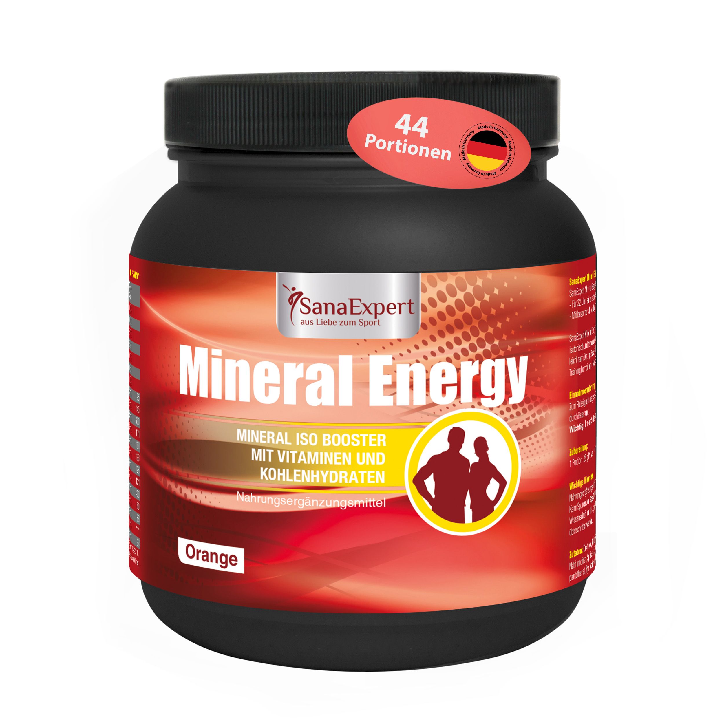 Schwarzer SanaExpert Mineral Energy-Behälter. Orangefarbenes Etikett mit Produktnamen und Logo. 44 Portionen-Aufkleber.