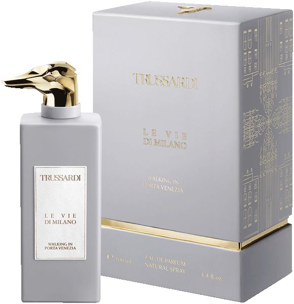 Graue Flasche mit goldfarbenem Sprühkopf und Verpackung. Aufschrift: Trussardi, Le Vie Di Milano, Walking in Porta Venezia. Eau de Parfum Natural Spray.