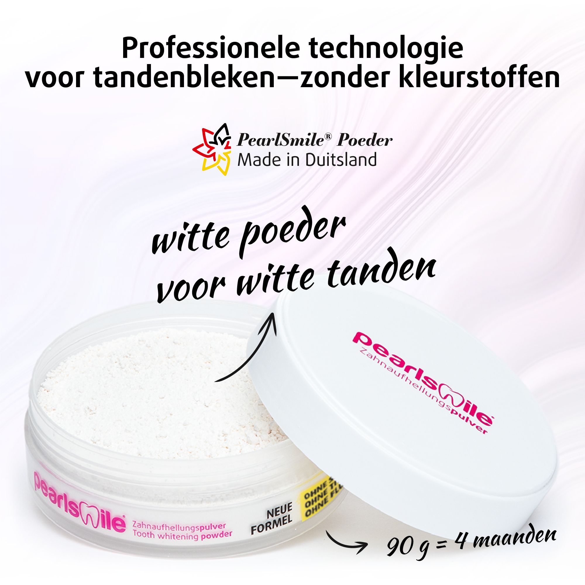 Wit whitening poeder in pot. Tekst: witte poeder voor witte tanden. Made in Germany.