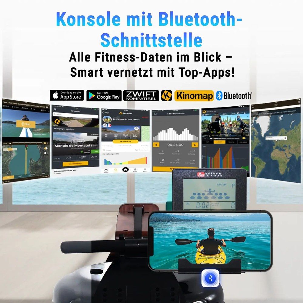 Display-Konsole eines Rudergeräts mit Smartphone-Halterung und App-Logos.