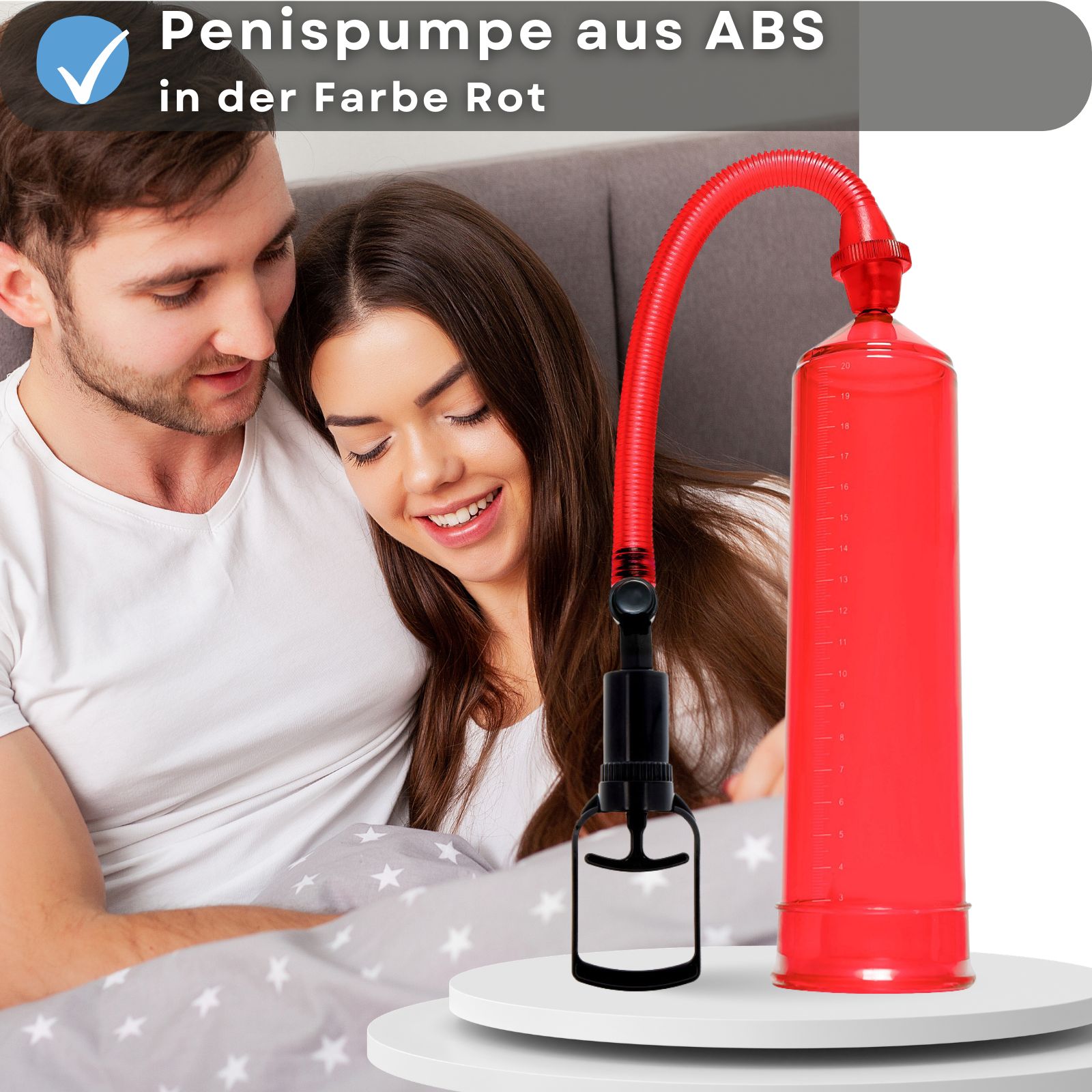 Rote Penis-Pumpe mit Pumpgriff. ABS-Material. Bis 20 cm Länge. Für Männer.