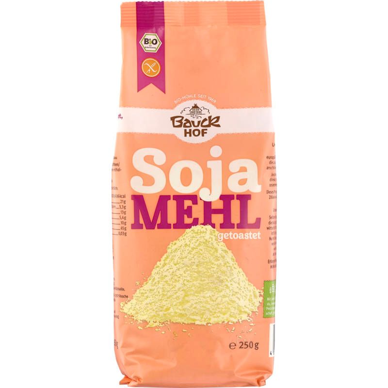 Beutel mit Sojamehl. Aufschrift "Bauck Hof Soja MEHL". Bio-Siegel und glutenfrei-Symbol. Inhalt: 250g.