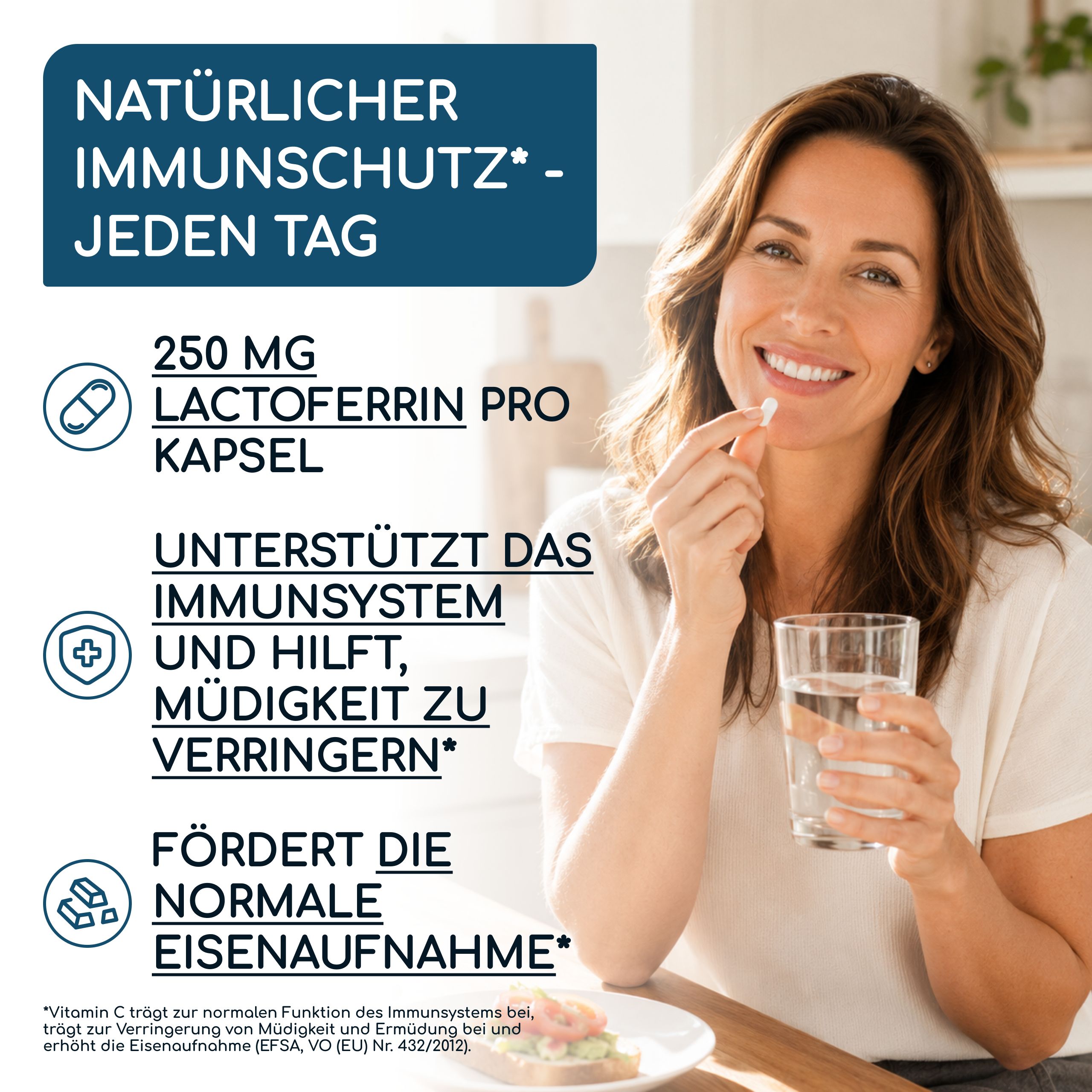 Frau nimmt eine Kapsel mit 250 mg Lactoferrin Pro ein, unterstützt das Immunsystem.