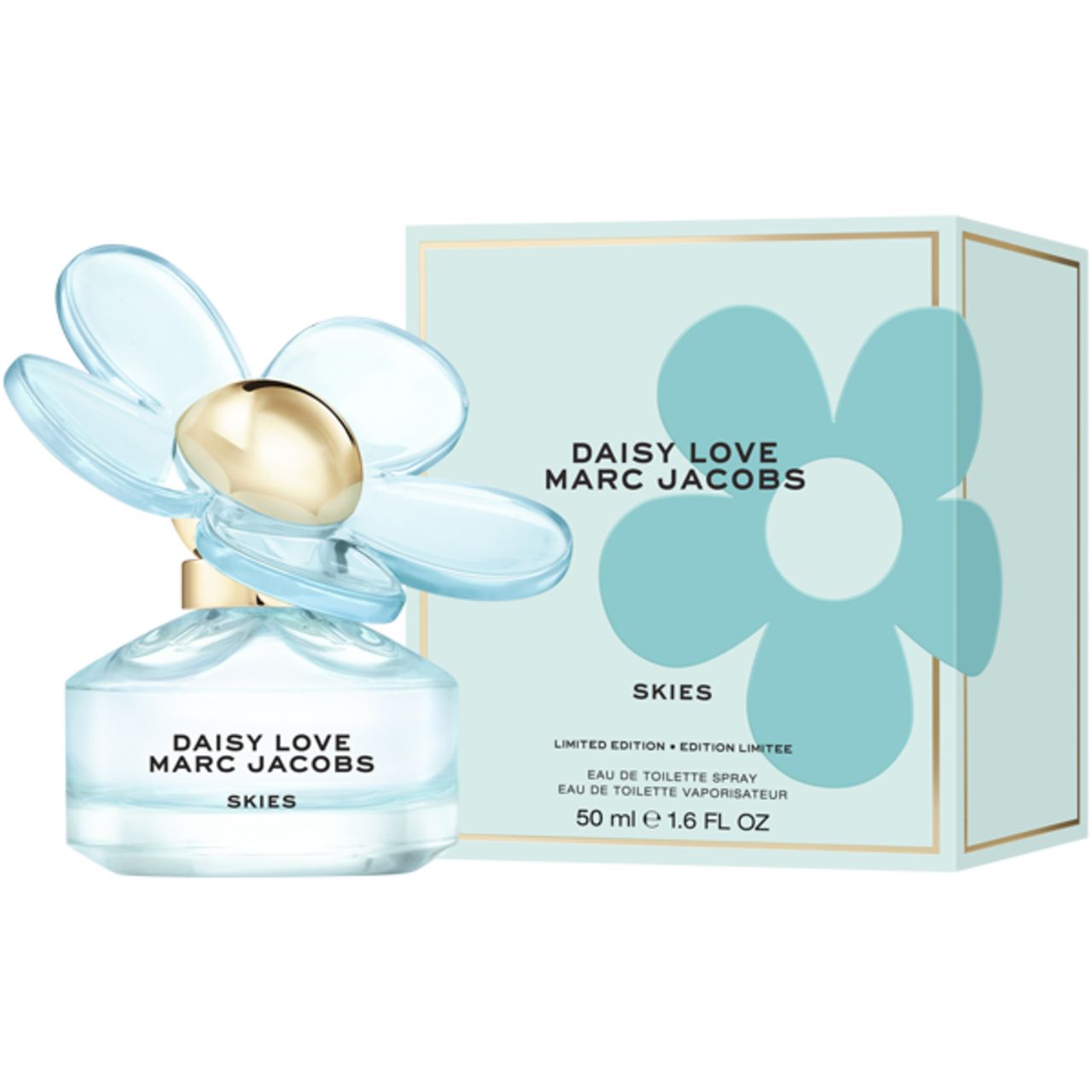 Hellblauer Flakon und Verpackung. Flakon mit blütenförmigem Deckel. Aufschrift: Daisy Love Marc Jacobs Skies. Verpackung mit Logo.