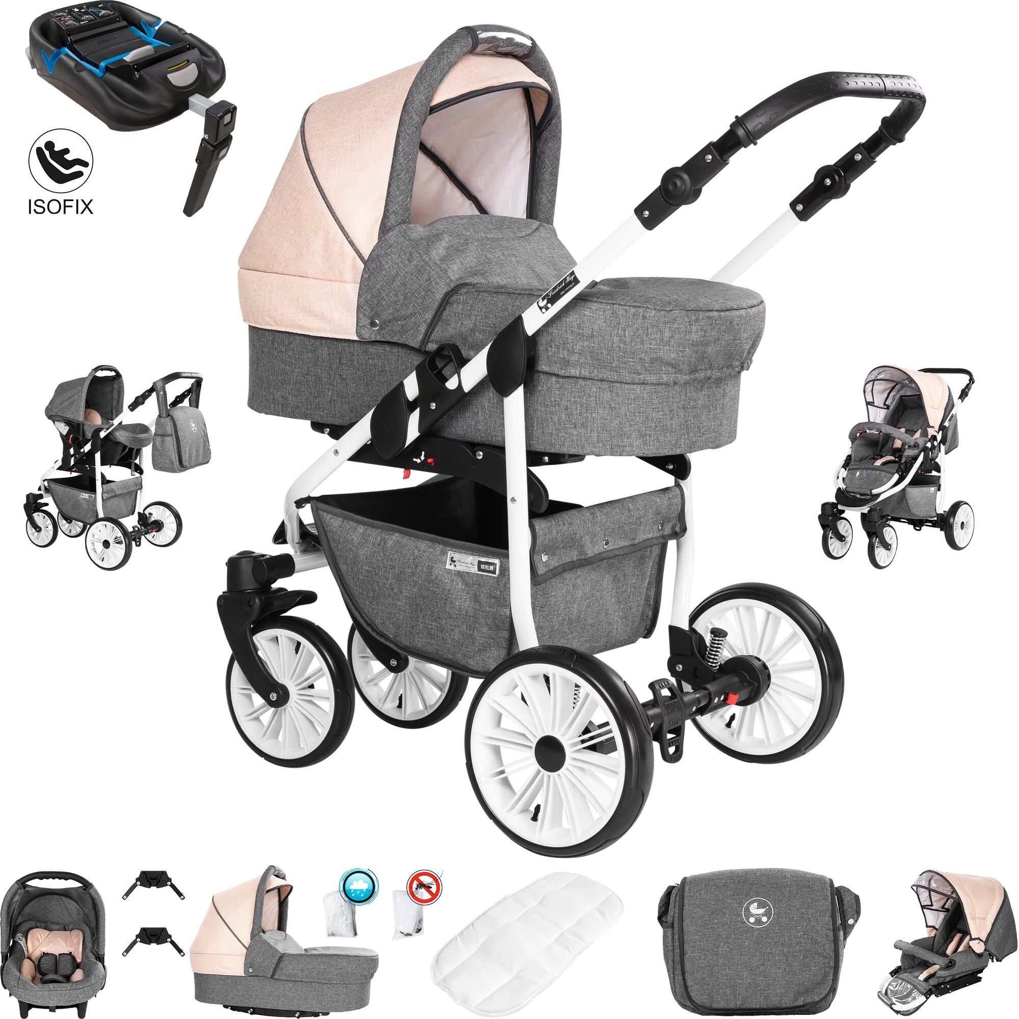 Friedrich Hugo Berlin 4 in 1 Kinderwagen & Isofix GEL Reifen, Grey and Beige Day