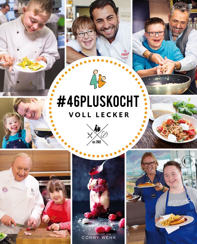 Zentrales Logo mit Text: #46pluskocht – voll lecker. Umgeben von Fotos von Menschen beim Kochen und Essen.