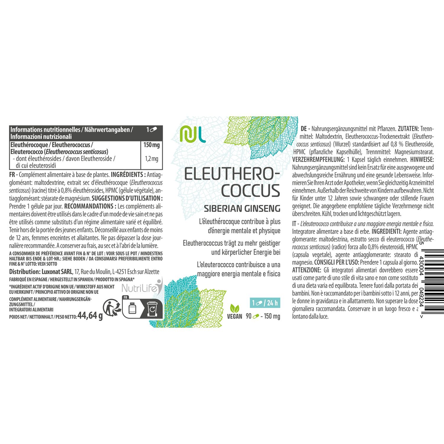 Rückseite der Flasche mit Produktinformationen. Aufschrift: Eleutherococcus Siberian Ginseng. Vegan-Siegel. Inhaltsstoffe und Dosierung.
