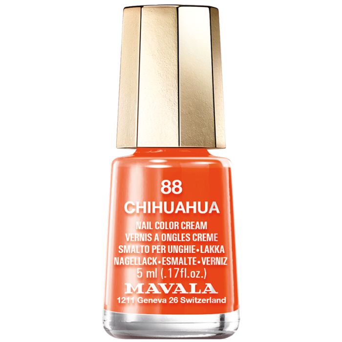 Nagellackflasche, orangefarben. Goldfarbener Deckel. Aufschrift: 88 Chihuahua, Nail Color Cream, 5 ml, Mavala.