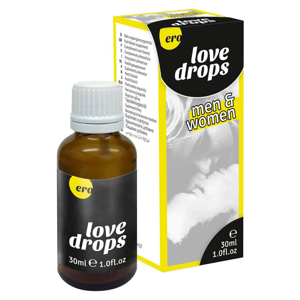 Braunglasflasche mit Tropfer und Kartonverpackung für ERO Love Drops, 30ml.