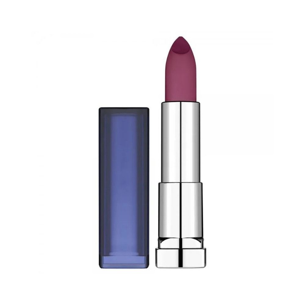 Lippenstift mit matter Oberfläche. Farbton: Rosa-Lila. Silberfarbene Hülse mit blauer Kappe.