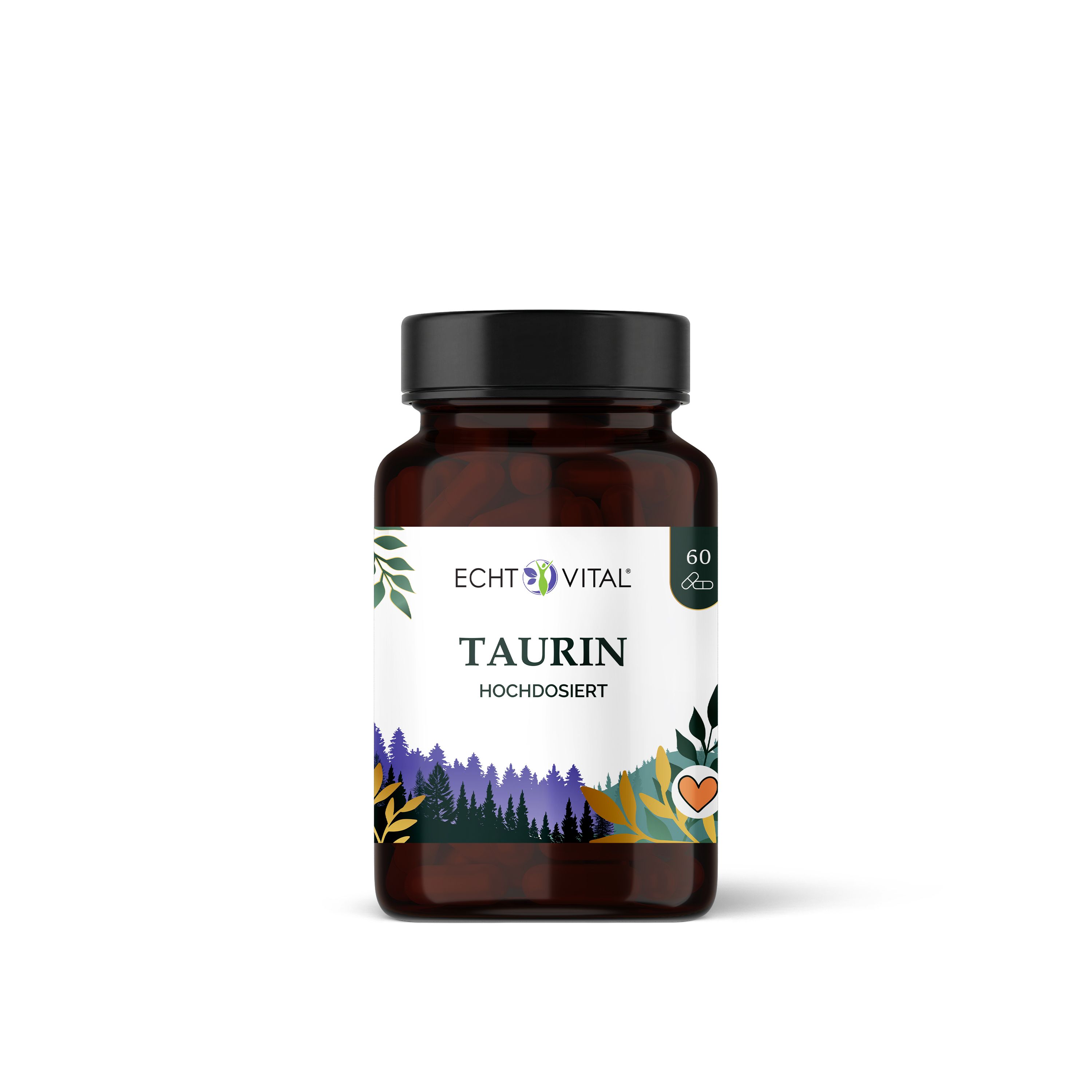 Braune Flasche mit schwarzem Deckel. Aufschrift: Echt Vital Taurin, 60 Kapseln. Hochdosiert.