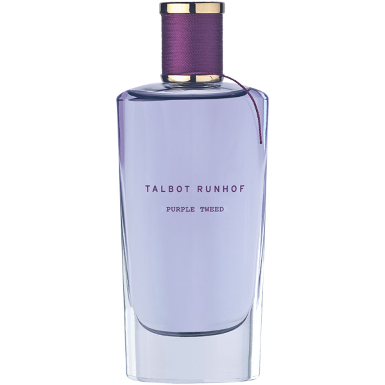Violette Flasche. Aufschrift: TALBOT RUNHOF, PURPLE TWEED. Flakon mit Sprühkopf und Kordel.