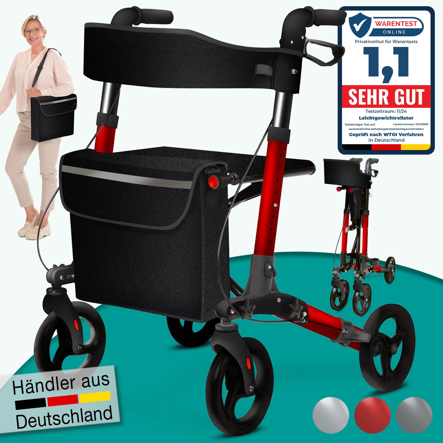 aktivshop Rollator Leichtgewichtrollator mit Stockhalter, Einkaufstasche & Rückengurt