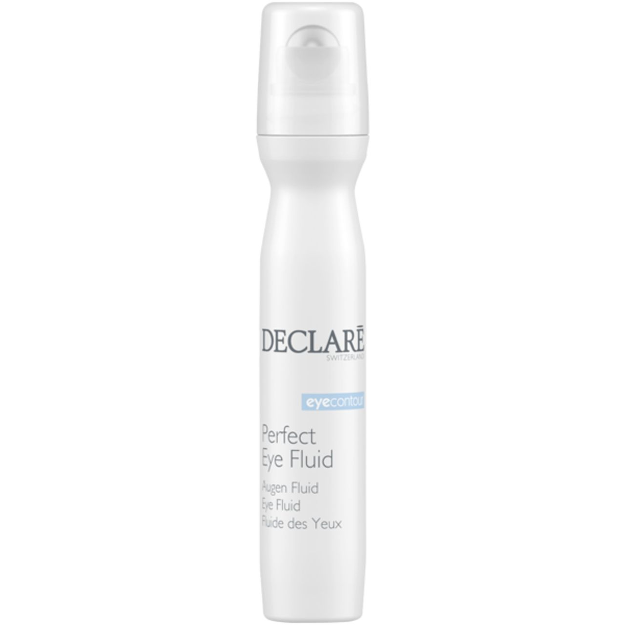 Weiße Flasche mit Roll-on-Applikator. Aufschrift: DECLARE, Perfect Eye Fluid, Augen Fluid, Fluide des Yeux.