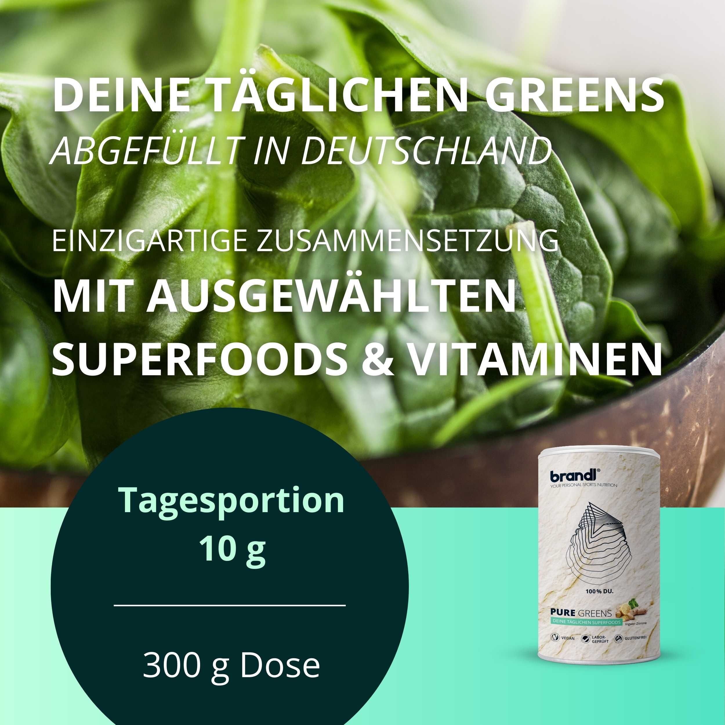 brandl® Superfood Greens Pulver mit Ashwagandha, Spirulina-Pulver, Ingwer, Brokkolisprossen uvm. 300 g