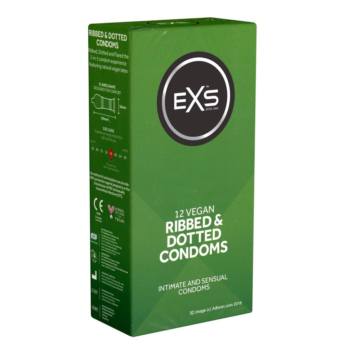Grüne Verpackung mit EXS-Logo und Aufschrift "Ribbed & Dotted Condoms". 12 vegane Kondome. CE-Kennzeichnung.