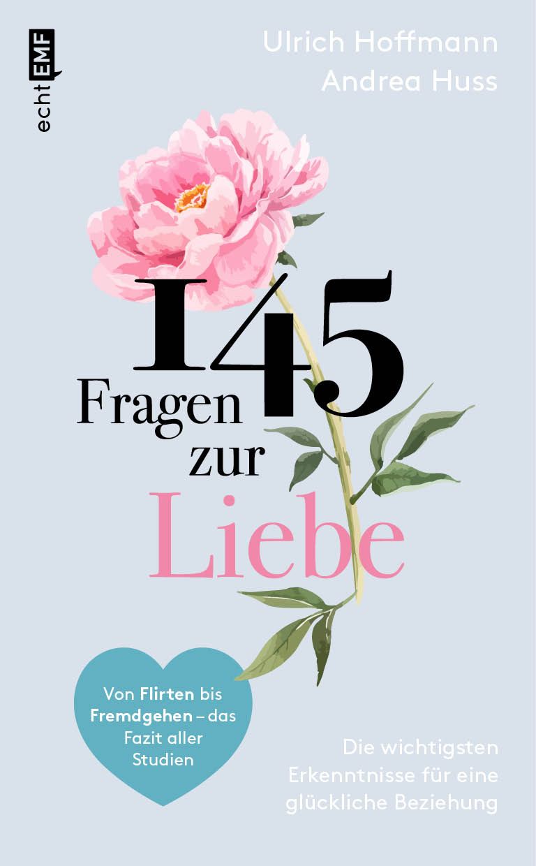Buchcover: "145 Fragen zur Liebe". Titel in Schwarz und Rosa, mit Blüte und Blättern. Autoren: Ulrich Hoffmann, Andrea Huss.