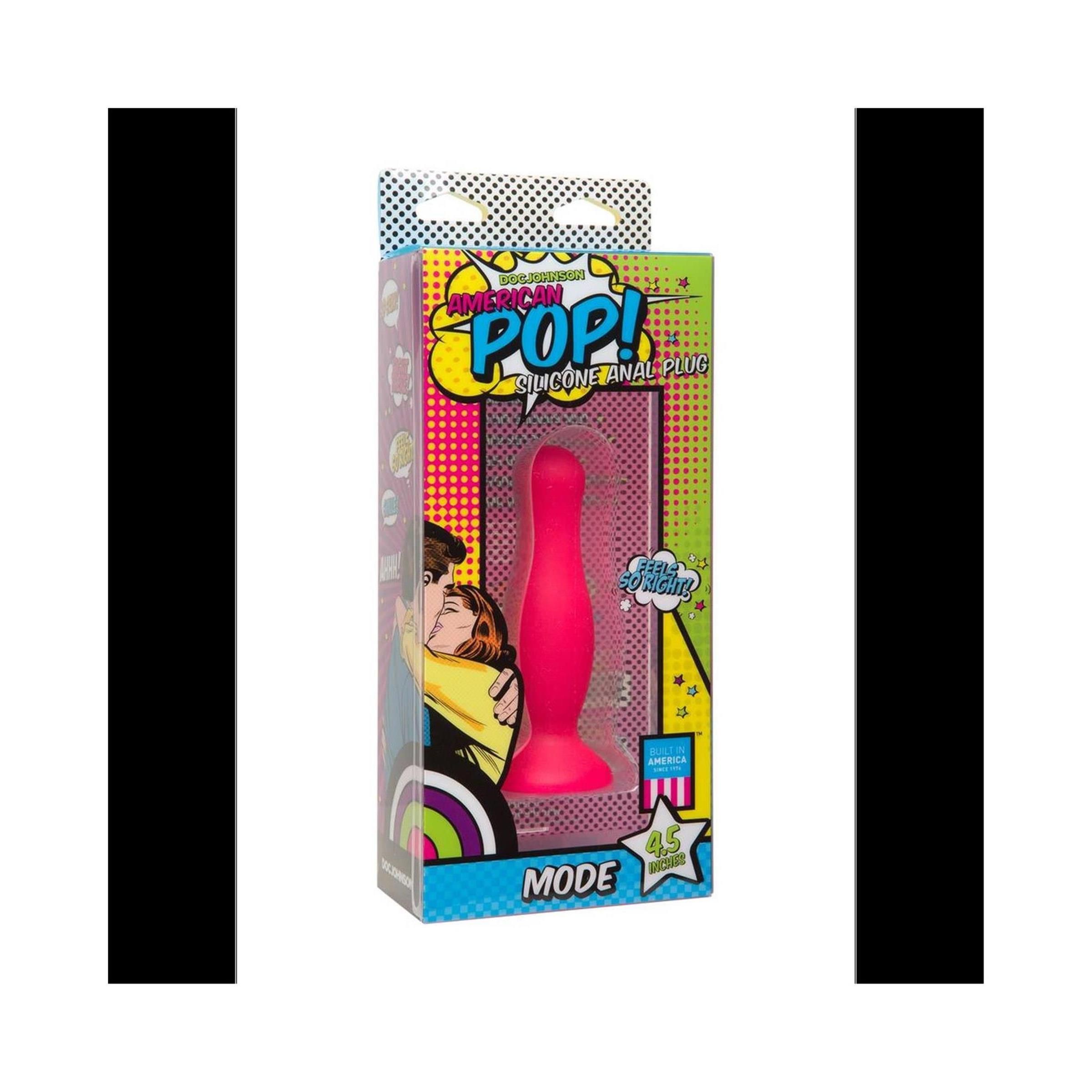 Verpackung mit Analplug. Rosa Plug, Verpackung mit Comic-Design. Schriftzug: American Pop! Mode.