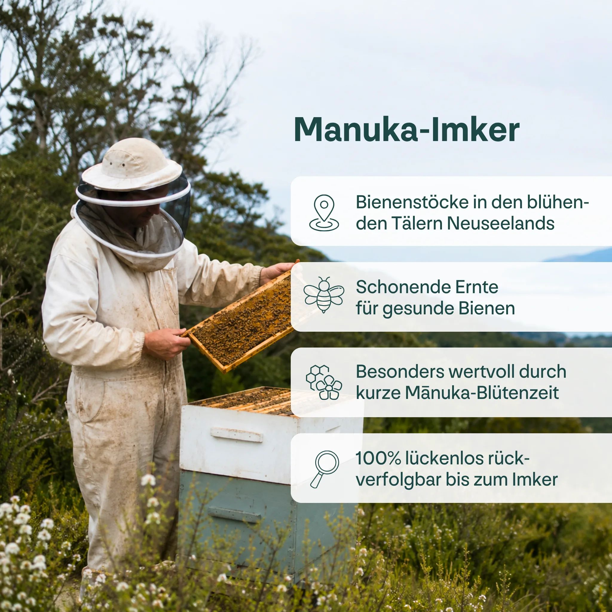 Imker in Schutzkleidung hält Wabe. Bienenstöcke im Hintergrund. Informationen zur Herkunft.