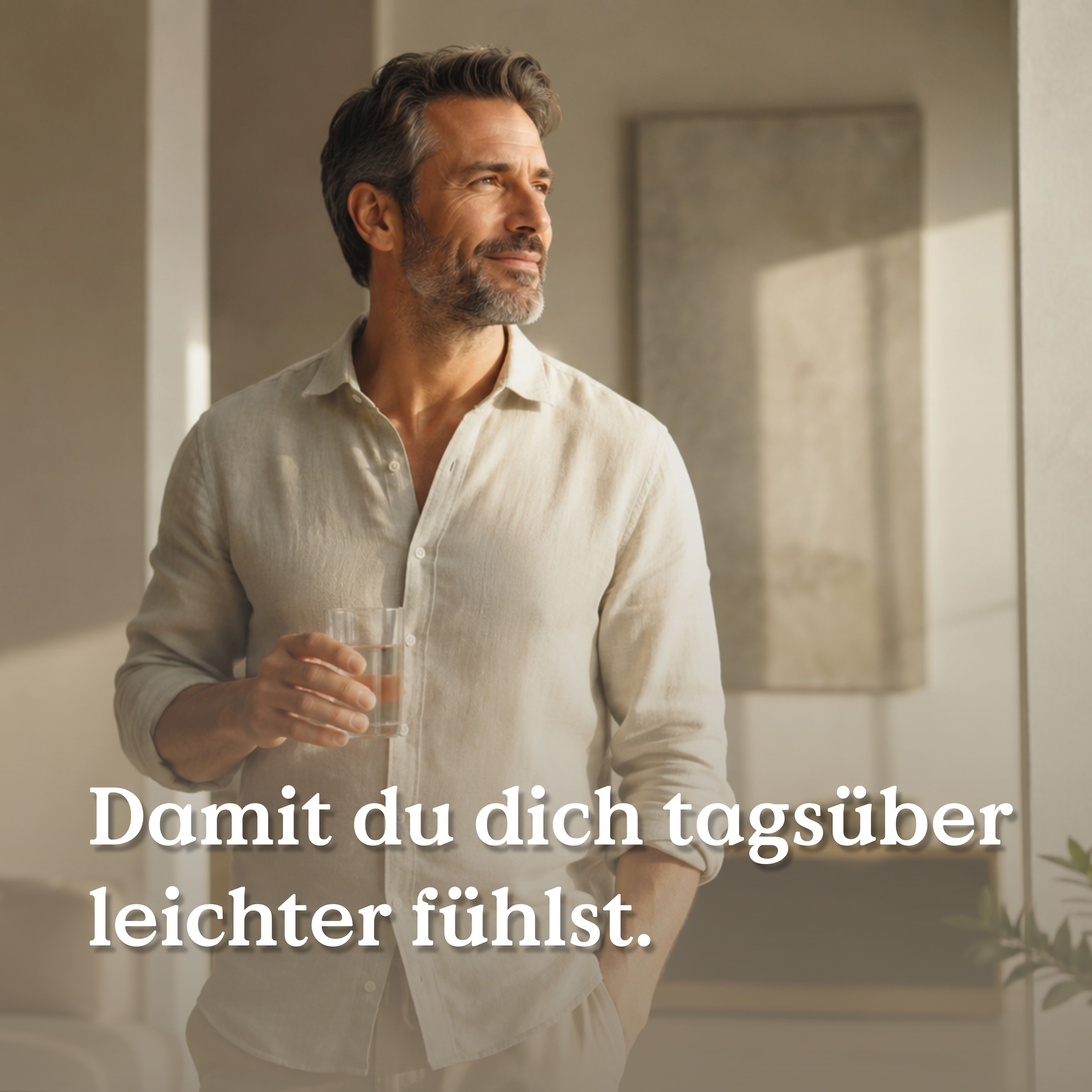 Mann hält ein Glas Wasser, lächelt nachdenklich. Text: Damit du dich tagsüber leichter fühlst.