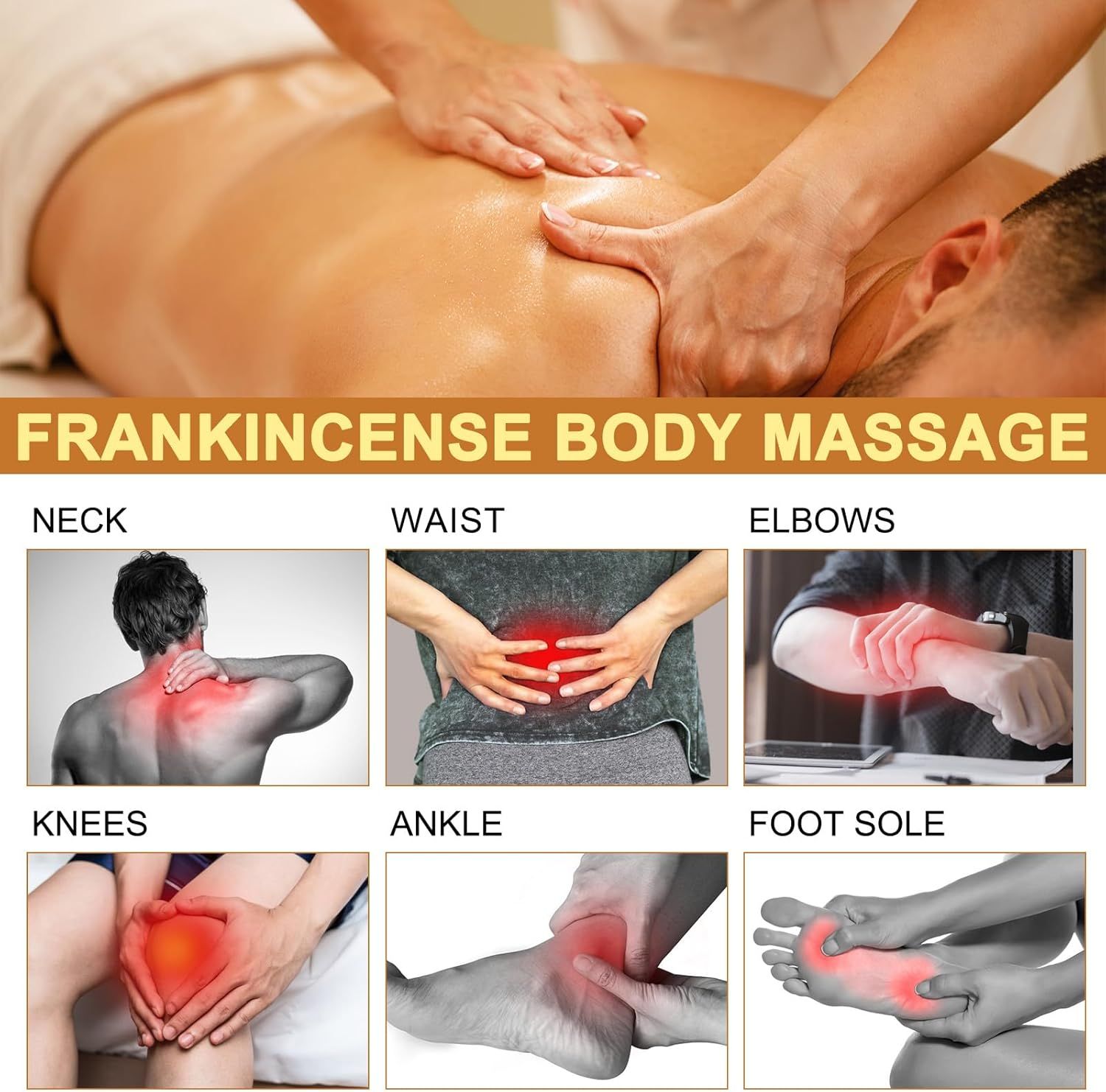Collage von sechs Bildern. Massage am Rücken, sowie Schmerzpunkte an Nacken, Taille, Ellbogen, Knie, Knöchel und Fußsohle.