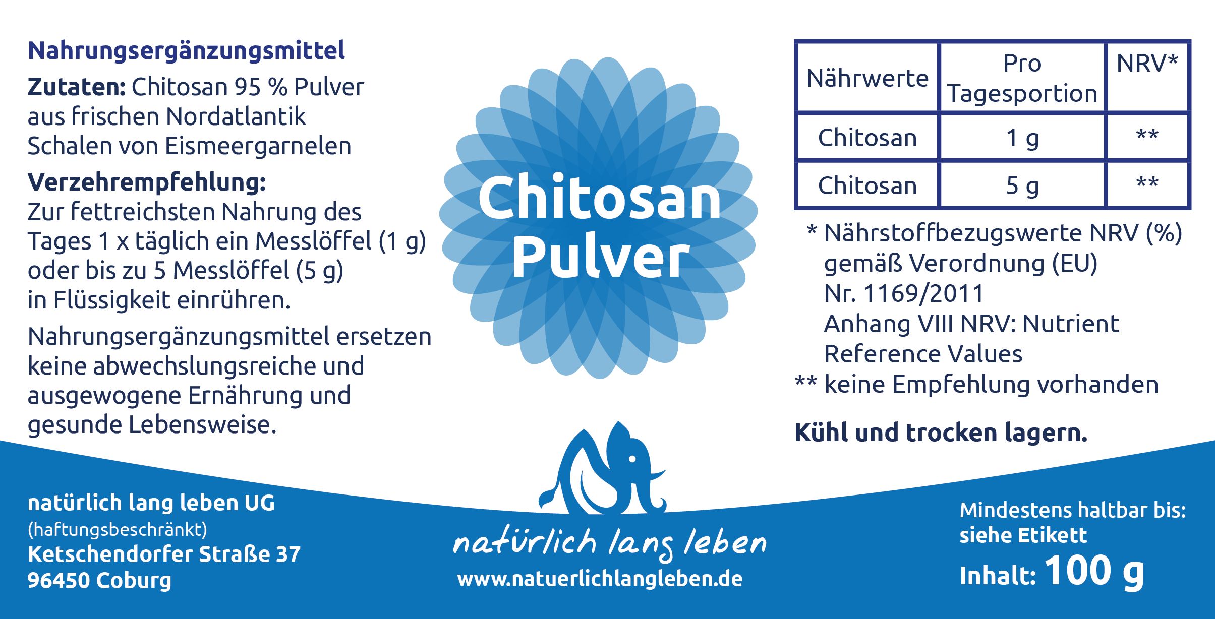 natürlich lang leben Chitosan Pulver 100 g