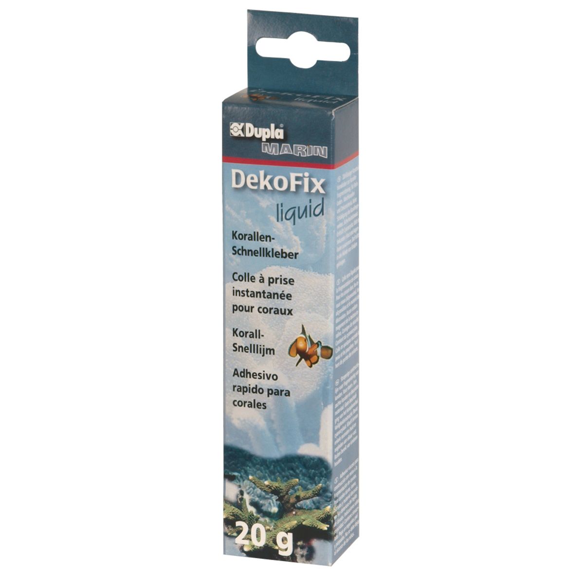 Verpackung von Dupla Marin DekoFix liquid. Aufschrift: Korallen-Schnellkleber. 20 g. Mit Produkt- und Markenlogo.