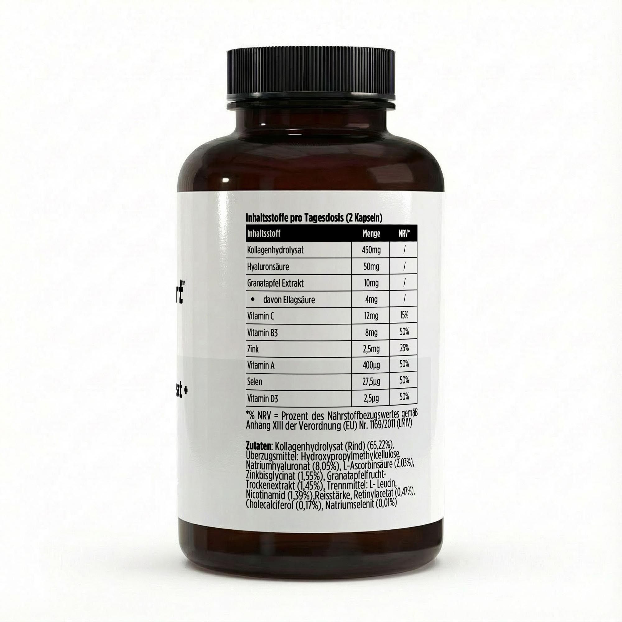 Braune Flasche mit schwarzem Deckel. Weißes Etikett mit Nährwertangaben: Kollagenhydrolysat, Hyaluronsäure, Granatapfelextrakt, Vitamin C, B5, Zink, Vitamin A, Selen, Vitamin D3.