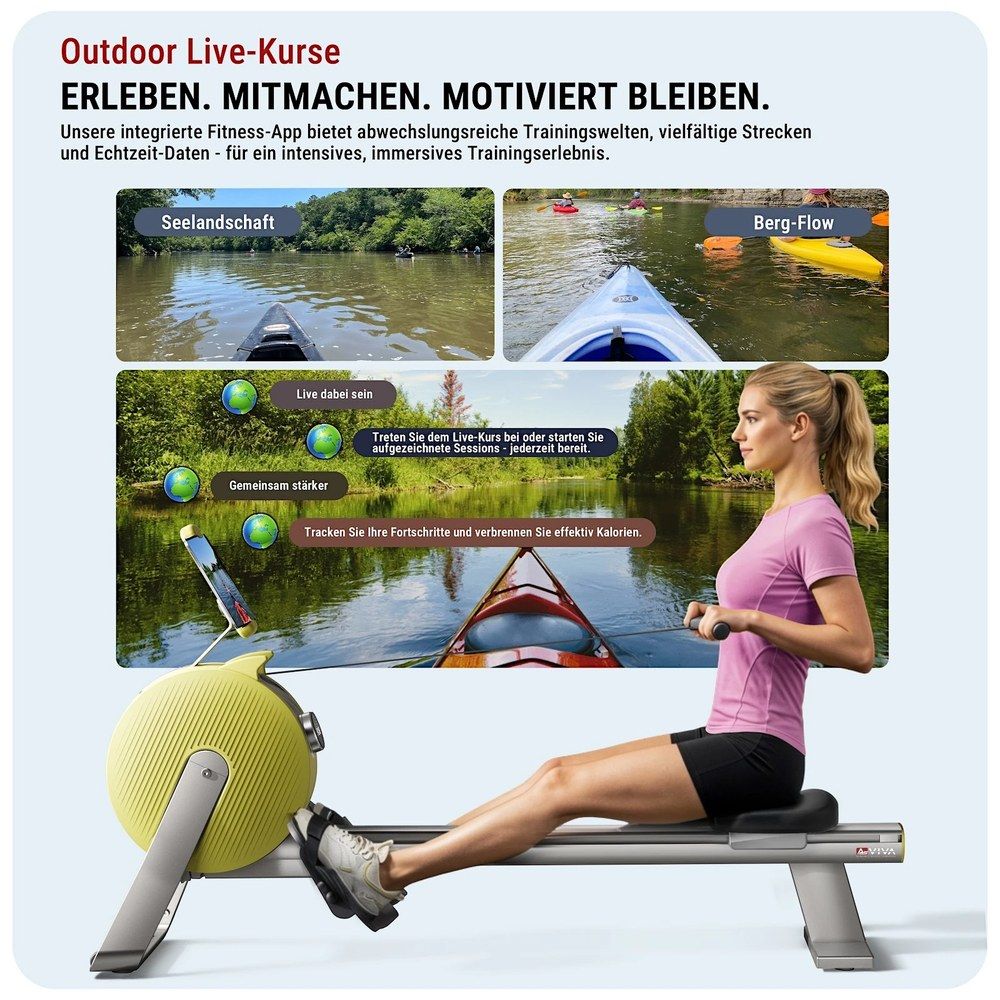 Frau auf AsVIVA Rudergerät PowerGen RA20, Tablet zeigt Outdoor-Kurs.