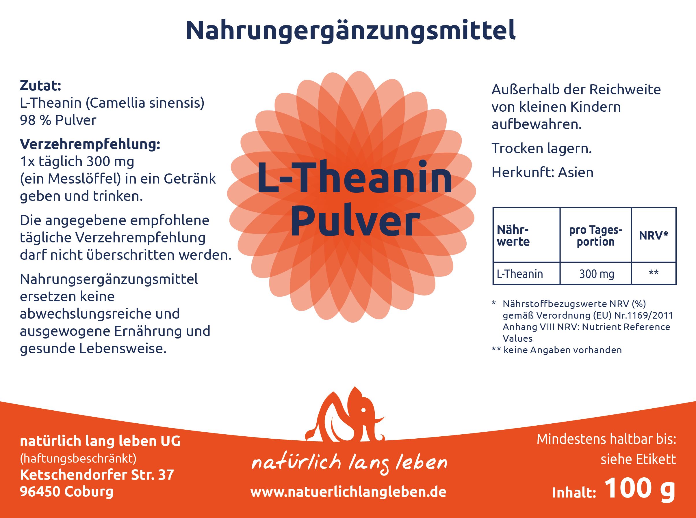 Etikett mit Informationen zu L-Theanin Pulver. Enthält Text, Nährwertangaben und Logo. Orangefarbener Hintergrund.