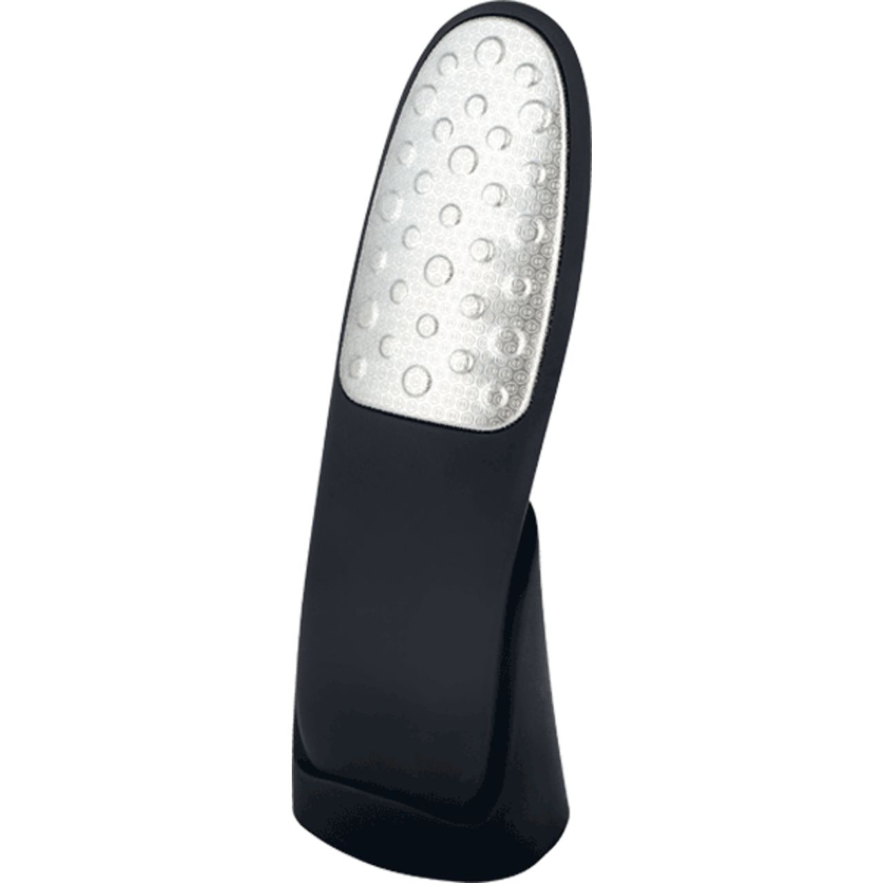 Hornhautraspel, doppelseitig, Edelstahl. Schwarzer Griff, silberne Raspelfläche mit Löchern. Aufrecht stehend.