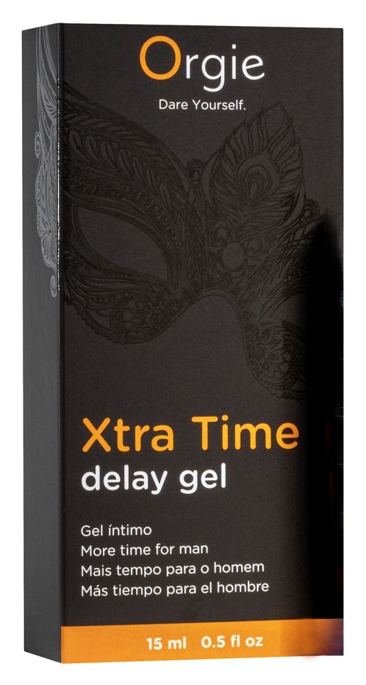 Schwarze Verpackung mit Produktnamen und Logo. Text: Xtra Time delay gel. Marke: Orgie. Aufdruck: 15 ml 0.5 fl oz.