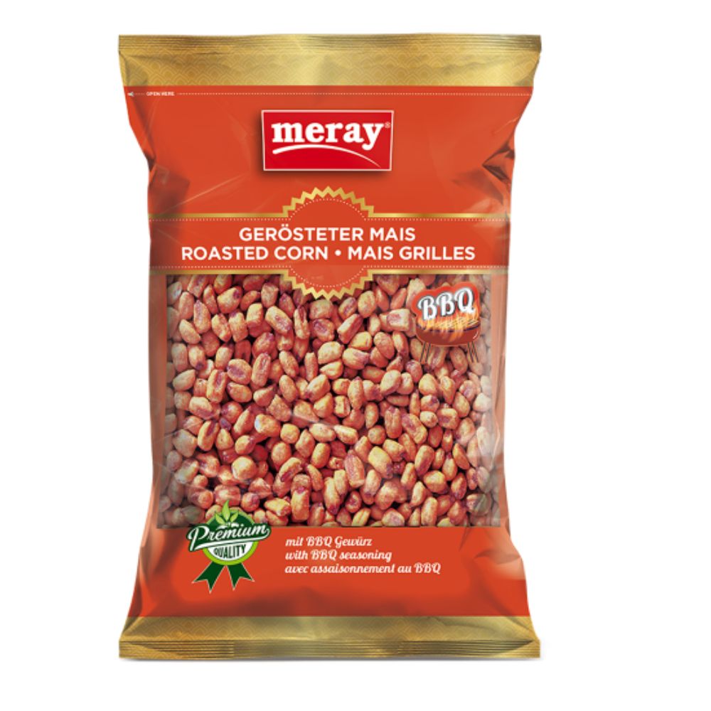 Verpackung mit geröstetem Mais. Aufschrift: meray, Gerösteter Mais, Roasted Corn, Mais Grillés, BBQ. Premium-Qualität.