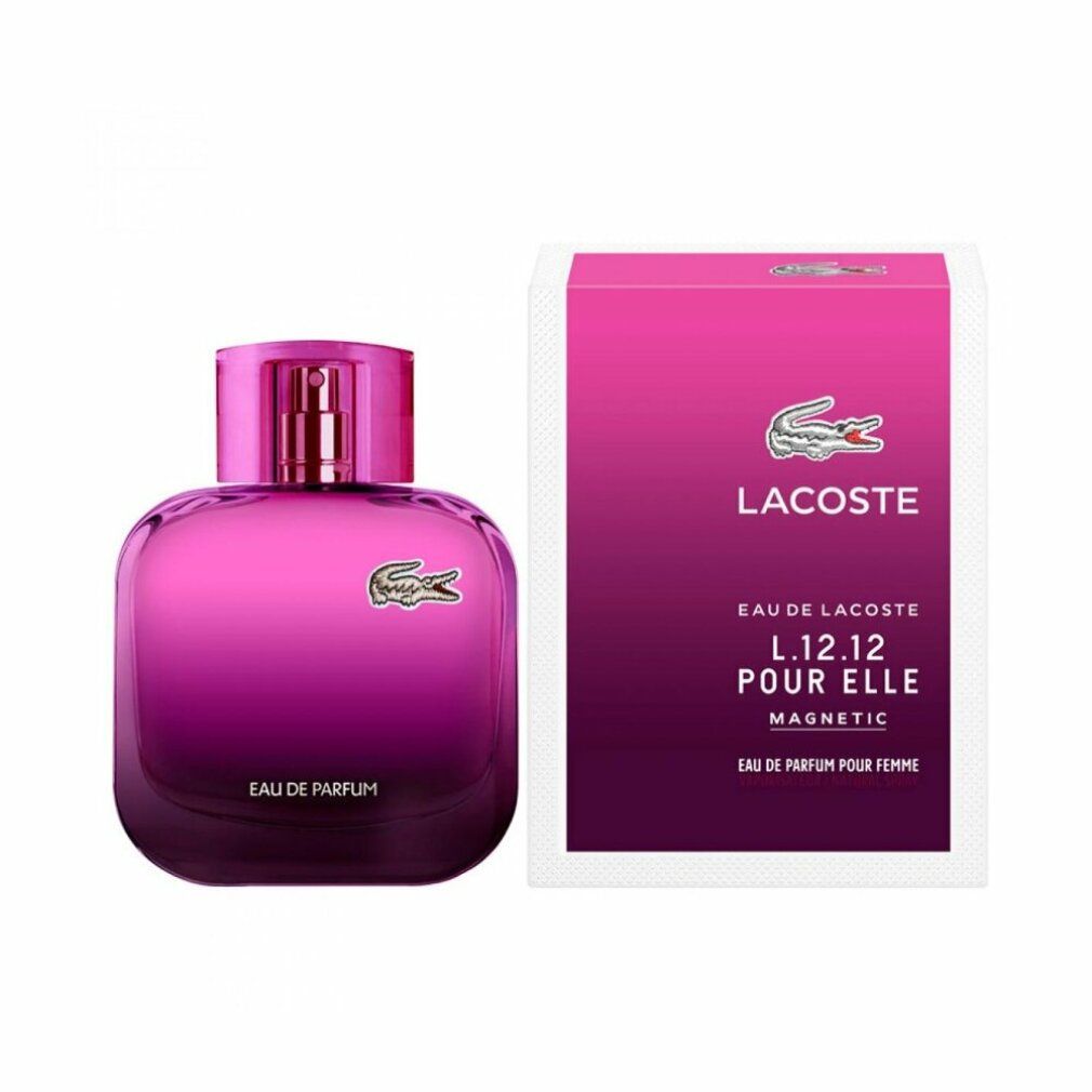 Lacoste L.12.12 Pour Elle Magnetic Edp Spray. Flakon und Verpackung. Rosa Farbverlauf, Krokodil-Logo.