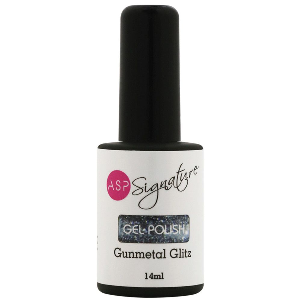 Nagellackflasche mit schwarzem Deckel. Etikett mit ASP Signature, Gel-Polish, Gunmetal Glitz und 14ml.