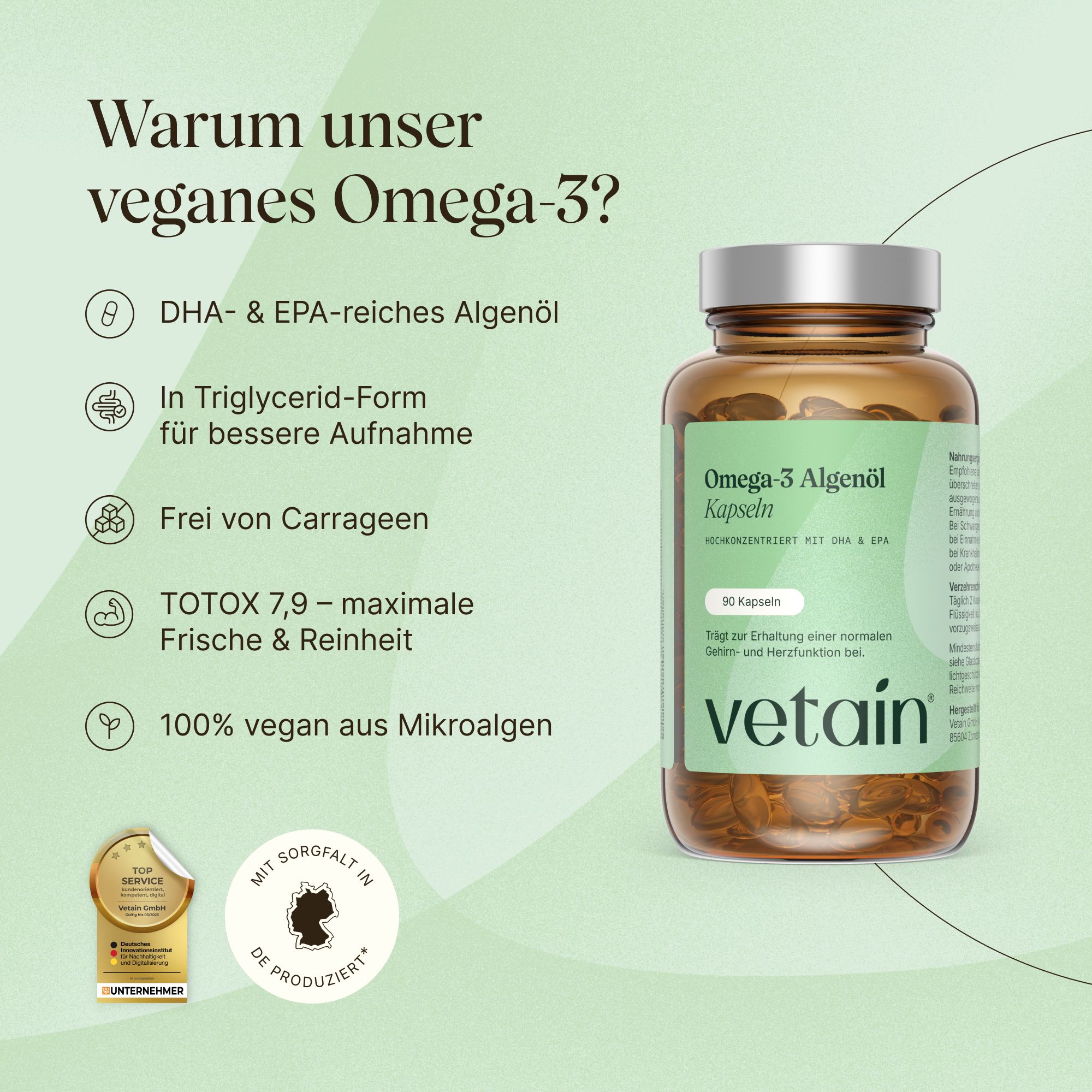 Braune Flasche Omega-3-Algenöl-Kapseln. Text: "Warum unser veganes Omega-3?". Symbole: DHA & EPA, Triglycerid-Form, frei von Carrageen.