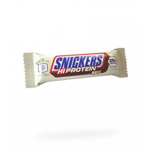 Snickers High Protein White Riegel. Weißes Papier. Aufschrift Snickers, Hi Protein, White und 20g Protein.