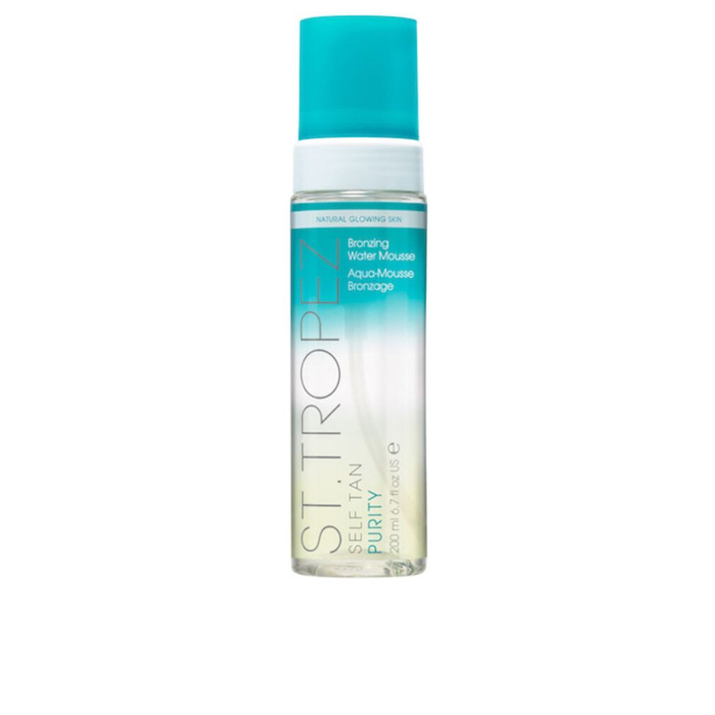 St. Tropez Bronzing Water Mousse Flasche. Türkis-weißer Deckel, transparente Flasche. Text: SELF TAN PURITY, Aqua-Mousse bronzage.