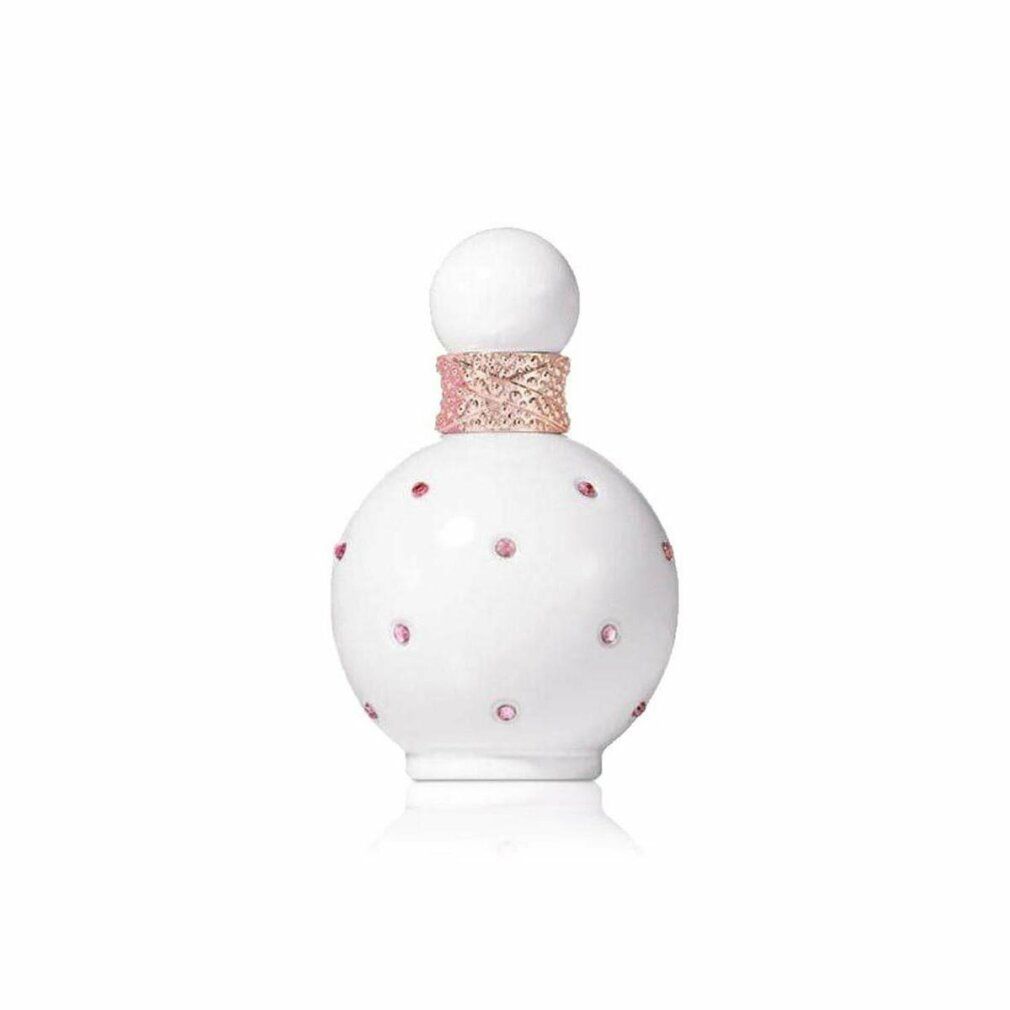 Weißer, runder Flakon mit rosa Schmucksteinen. Rosa verzierter Hals und Verschluss. Weißer Verschluss.