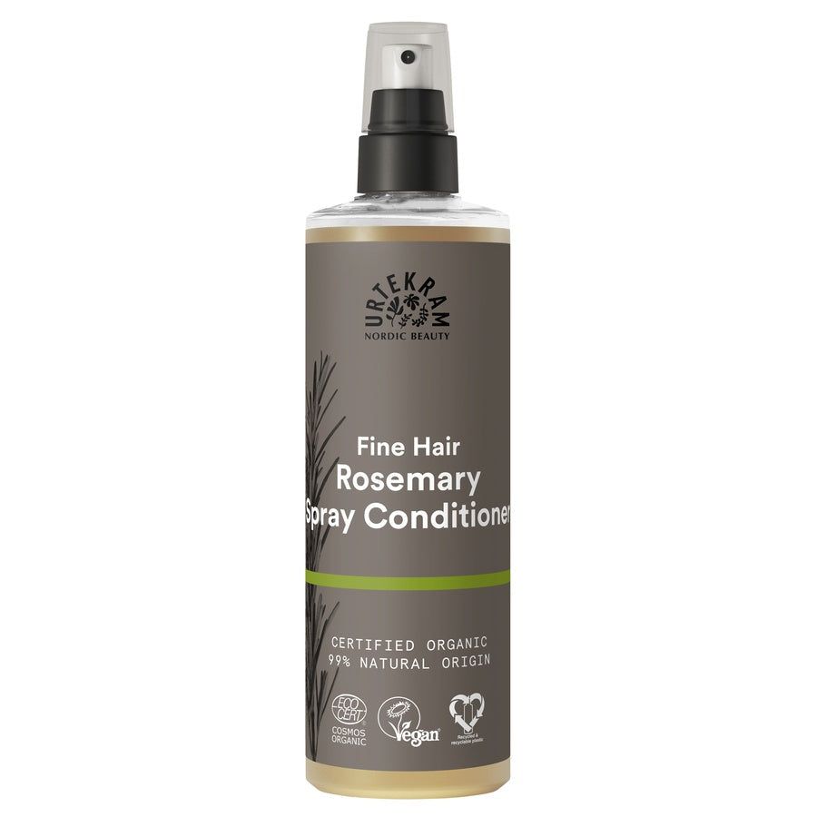Sprühflasche mit Aufschrift "Fine Hair Rosemary Spray Conditioner". Zertifiziertes Bio-Produkt mit Vegan-Siegel.