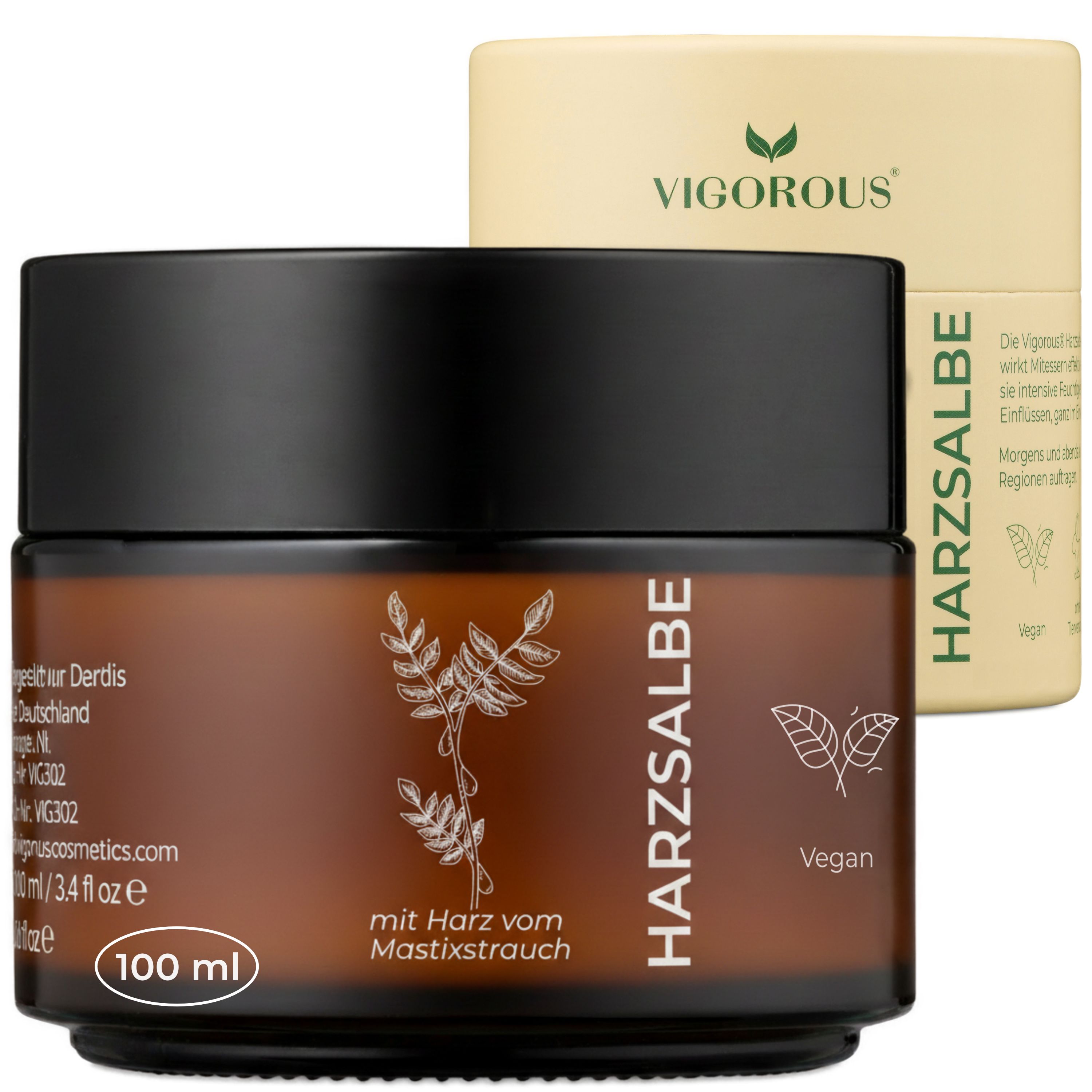 VIGOROUS Harzsalbe Tiegel und Umverpackung. 100 ml, vegan, mit Harz vom Mastixstrauch.