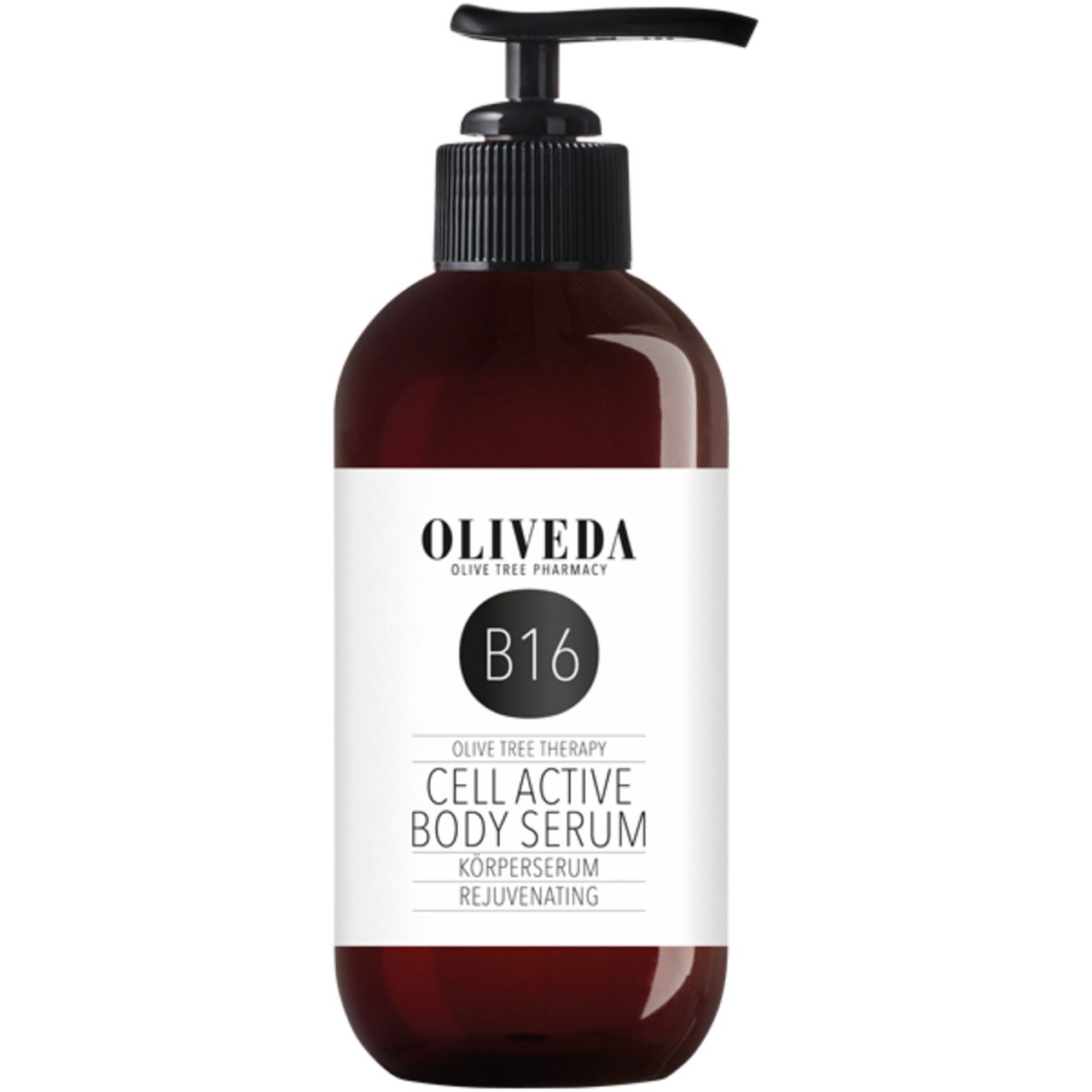 Braune Flasche mit schwarzem Pumpkopf. Weißes Etikett mit Text: Oliveda, B16, Cell Active Body Serum.