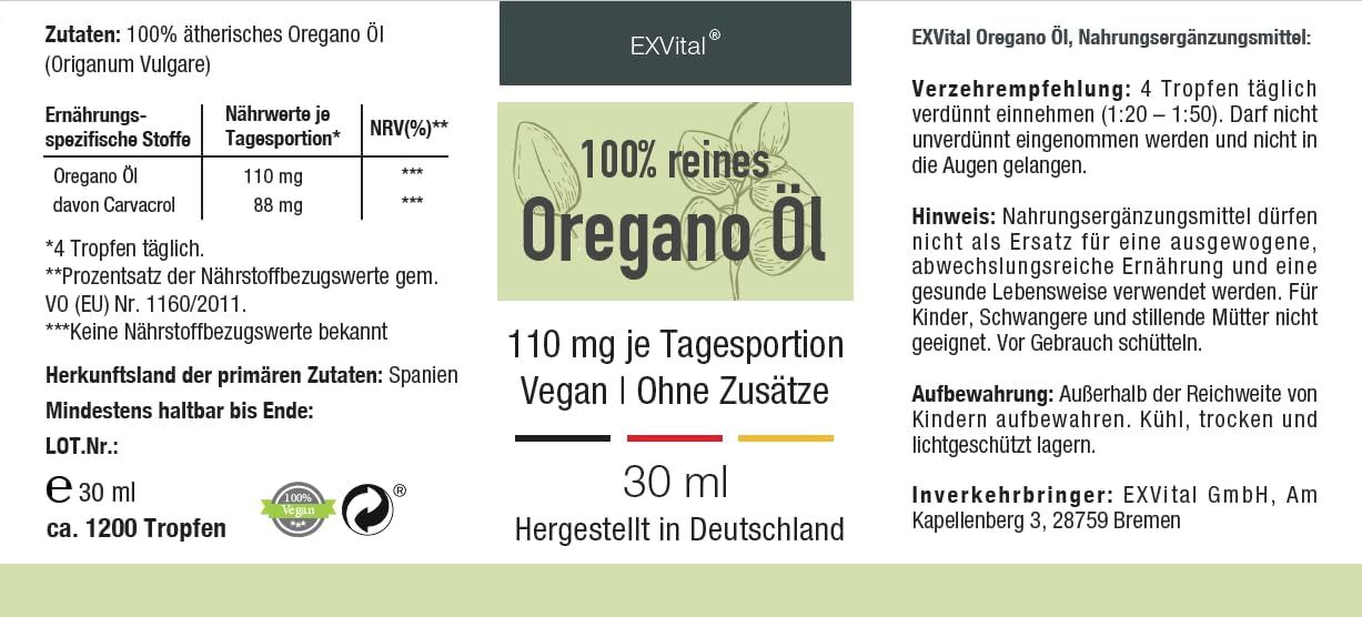 Etikett mit Text: 100% reines Oregano Öl, 110 mg je Tagesportion, 30 ml. Vegan. Inhaltsstoffe und Verzehrempfehlung.