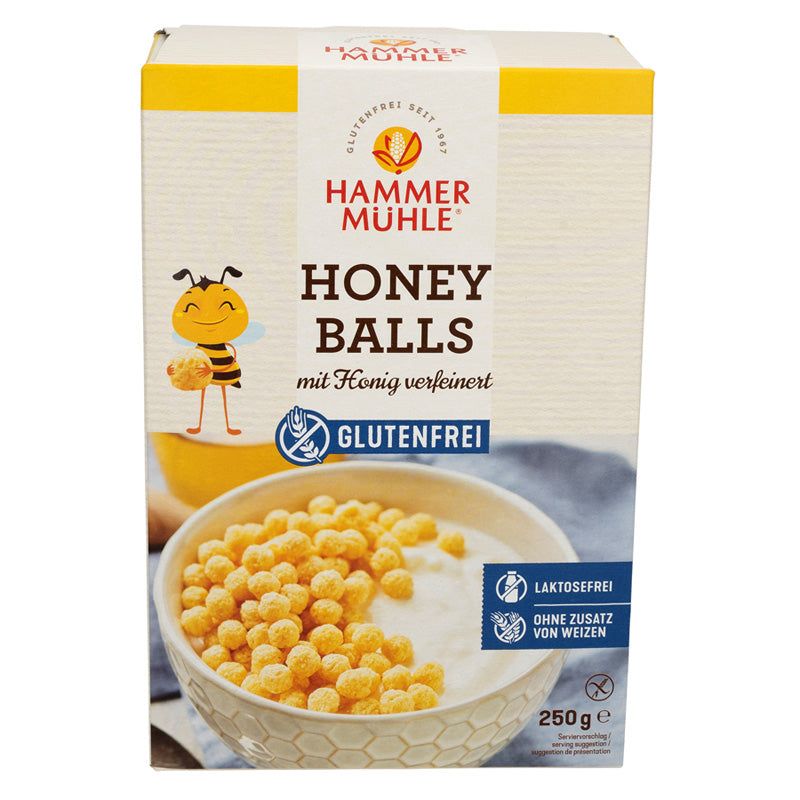 Verpackung von Honey Balls. Aufschrift: Hammer Mühle, Honey Balls, glutenfrei, laktosefrei, ohne Zusatz von Weizen. 250g.