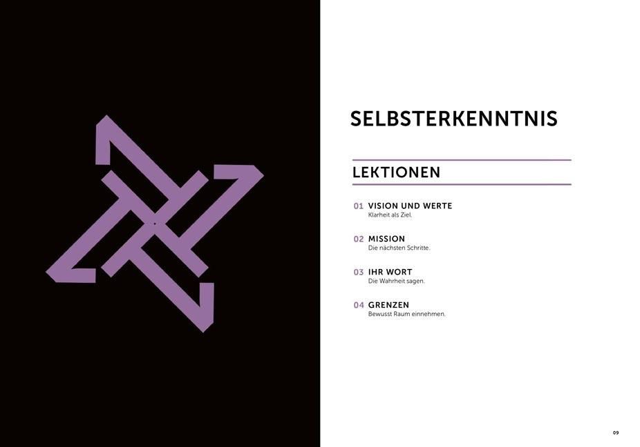 Buchseite mit Text. Überschrift: Selbsterkenntnis. Untertitel: Lektionen. Text in deutscher Sprache. Schwarze Schrift.