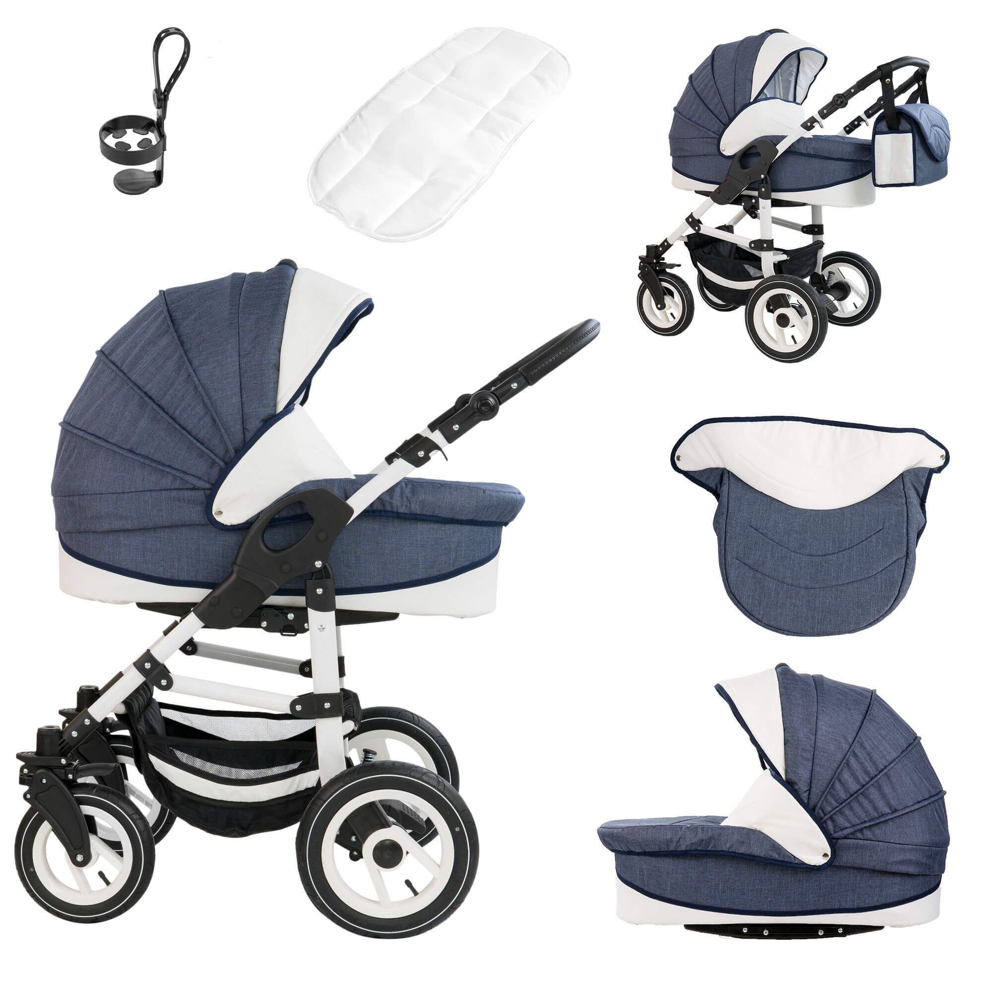 Bebebi Florenz 2 in 1 Kombikinderwagen Hartgummireifen, Neptun Blue White