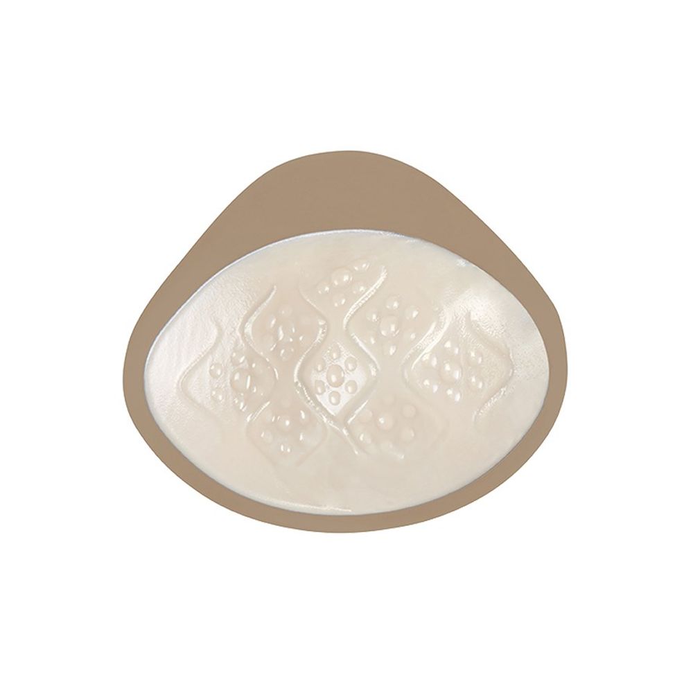 Brustepithese, beige-weiß, ovale Form mit geprägtem Muster. Brauner Rand.